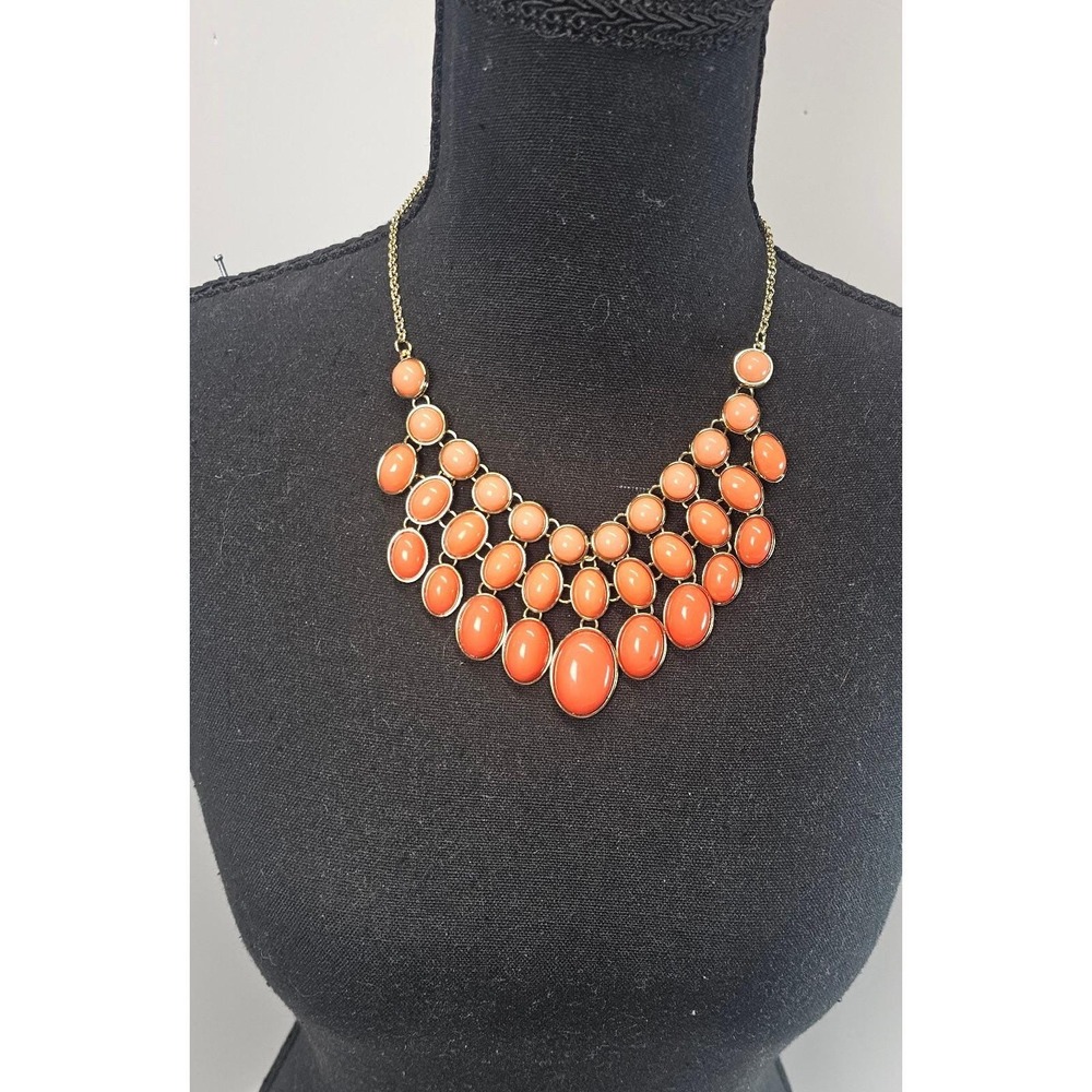 Coral Orange Bib Statement Necklace Gold Tone Graduated Cabochon Fashion Jewelry